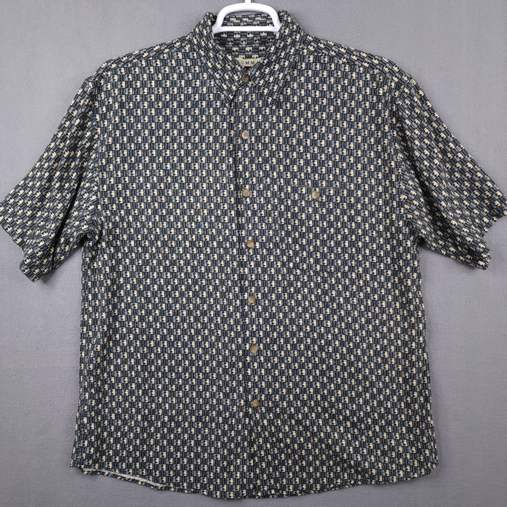 Summa Mens Large 100% Silk Short Sleeve Button Up Shirt Geometric Pattern Gray